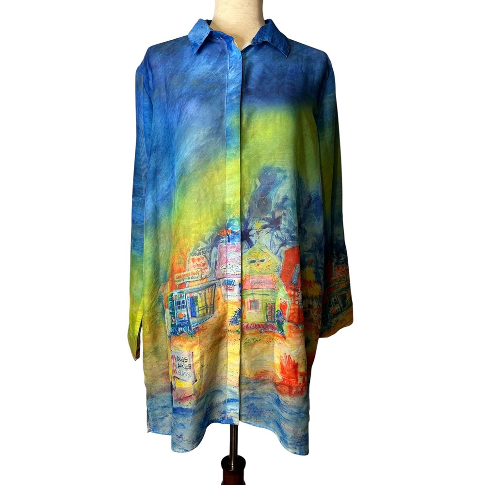 Leoma Lovegrove Women Large Blue Artistic Beach Scene Button Up Roll Tab Tunic